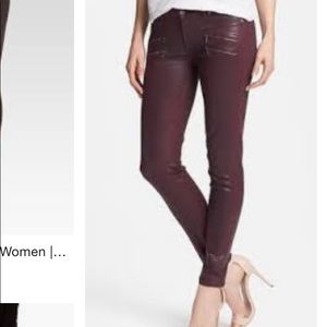 Paige burgundy coated skinny jeans w zippers sz 25
